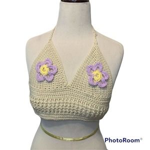Hand Crocheted Beige Top Boho Holiday Beach Bikini Halter Tank Tops Size Small